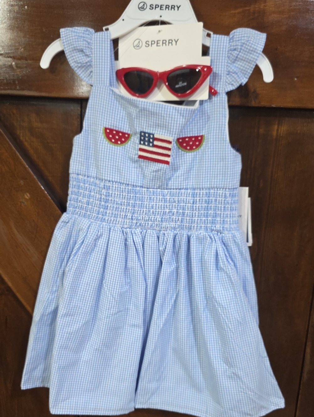 Sperry Light Blue Gingham Sundress with Patriotic & Watermelon Appliqués